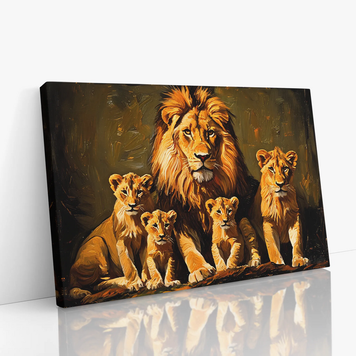 Canvas painting of a lion family with a male lion and four cubs.