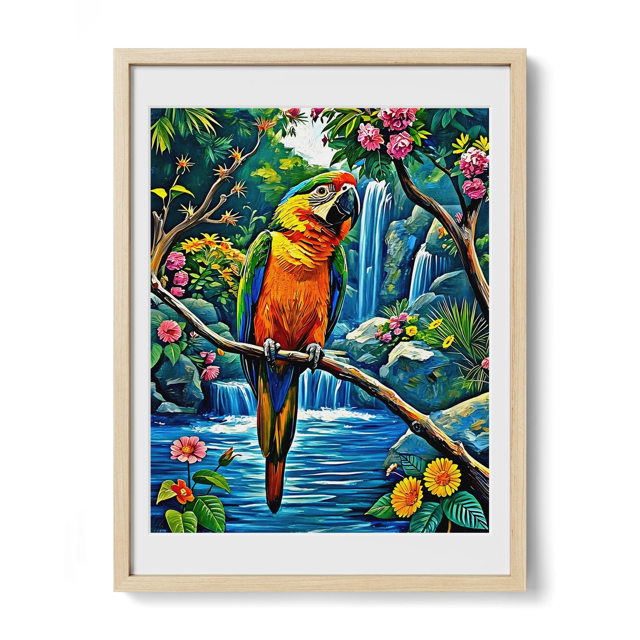 Psittaciformes Parrot Portrait-Framed Paper Print-452257 Natural Premium Oak Mats Visual Wall Art Framed Print