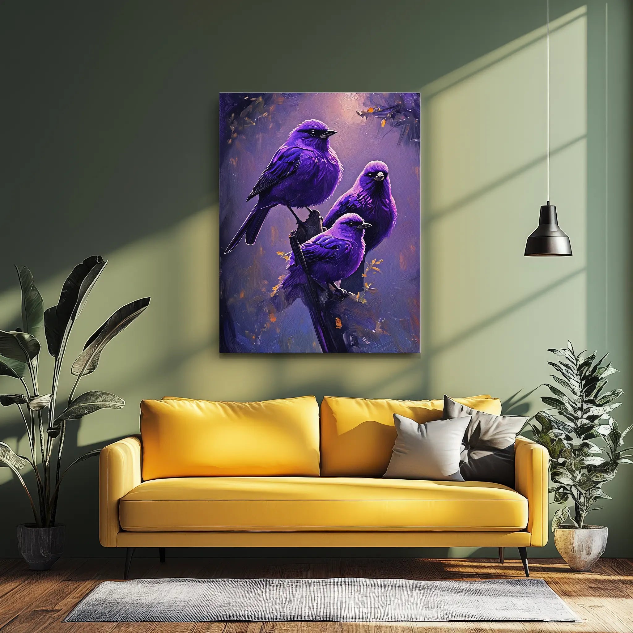 Purple Feathered Harmony Birds On Branch Giclée Print 454017 Visual Wall Art AR3:4V-AR4:5V Giclée Print