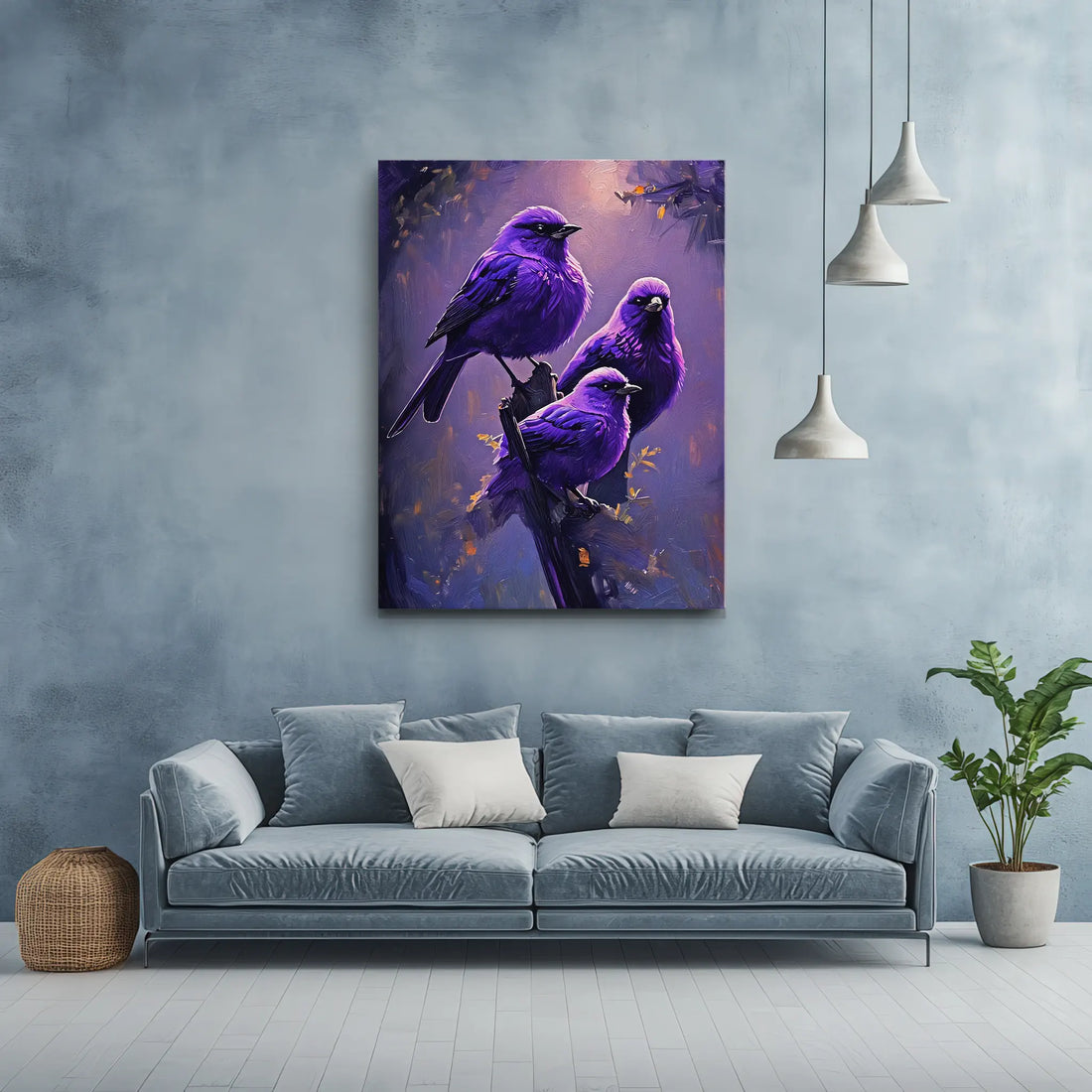 Purple Feathered Harmony Birds On Branch Giclée Print 454017 Visual Wall Art AR3:4V-AR4:5V Giclée Print
