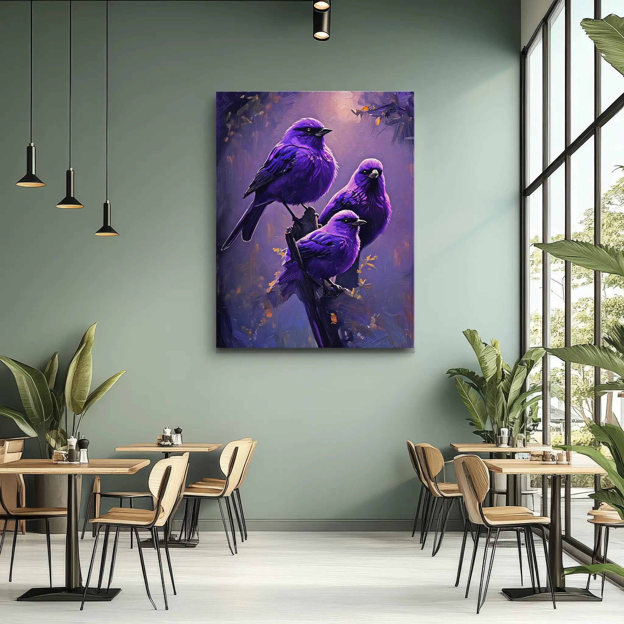 Purple Feathered Harmony Birds On Branch Giclée Print 454017 Visual Wall Art AR3:4V-AR4:5V Giclée Print