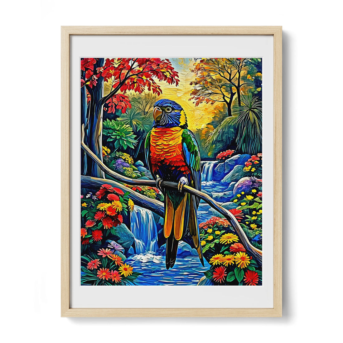 Rainbow Lorikeet-Trichoglossus Moluccanus-Framed Paper Print-452258 Natural Premium Oak Mats Visual Wall Art Framed Print