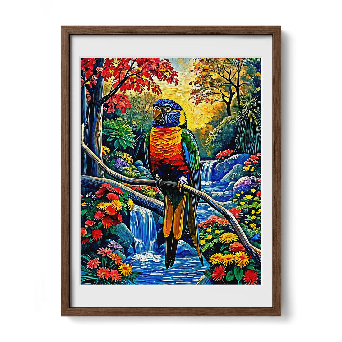 Rainbow Lorikeet-Trichoglossus Moluccanus-Framed Paper Print-452258 Walnut Premium Oak Mats Visual Wall Art Framed Print