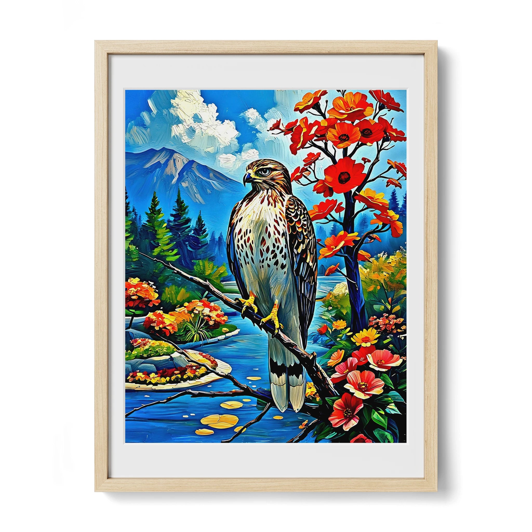 Red-Tailed Hawk-Framed Paper Print-452228 Natural Premium Oak Mats Visual Wall Art Framed Print