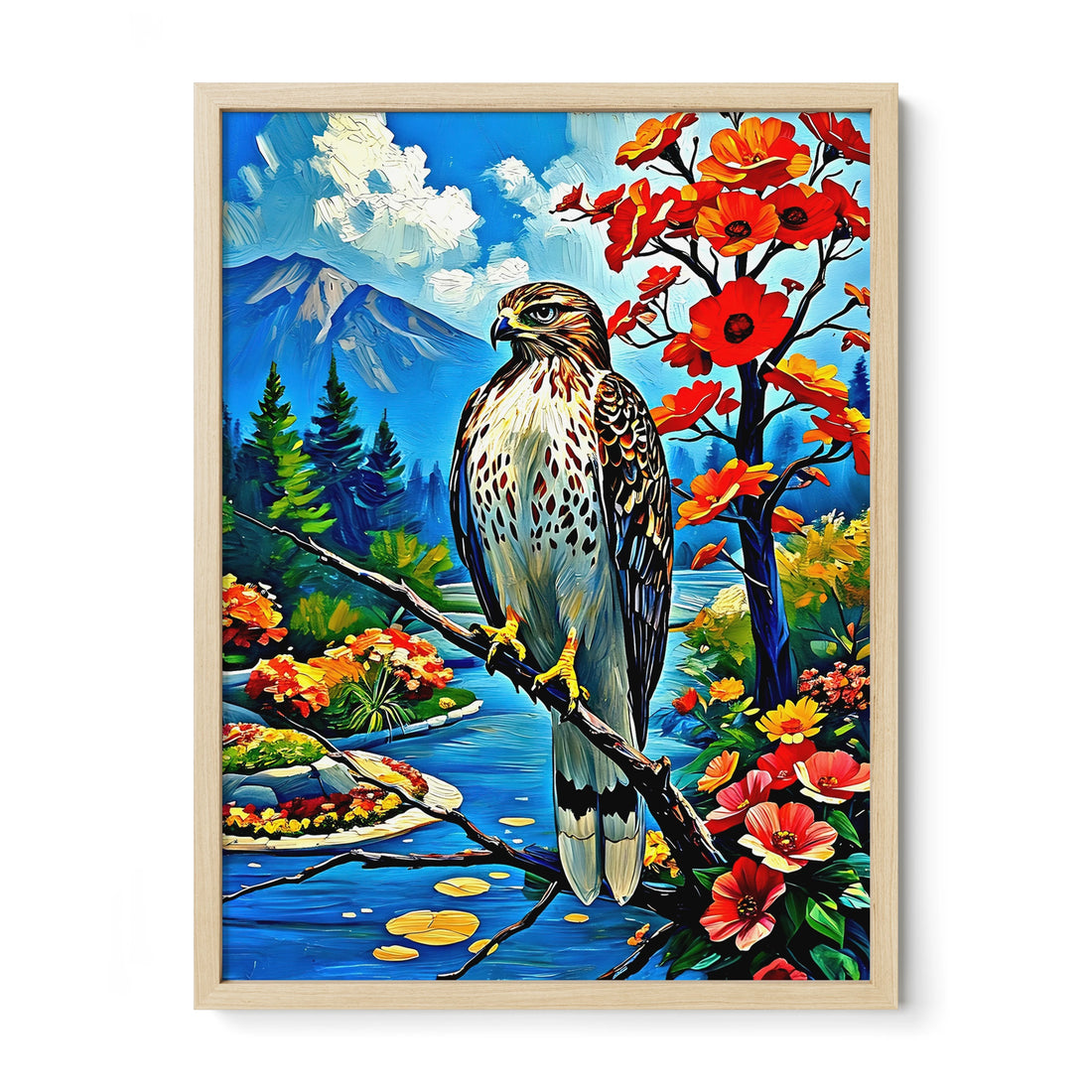 Red-Tailed Hawk-Framed Paper Print-452228 Natural Premium Oak No Mats Visual Wall Art Framed Print
