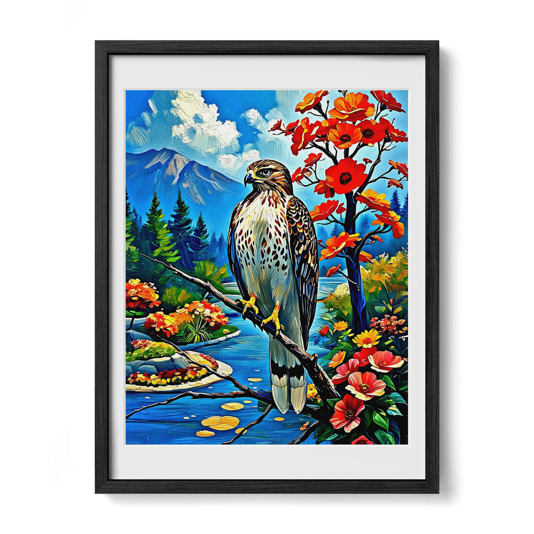 Red-Tailed Hawk-Framed Paper Print-452228 Black Premium Oak Mats Visual Wall Art Framed Print