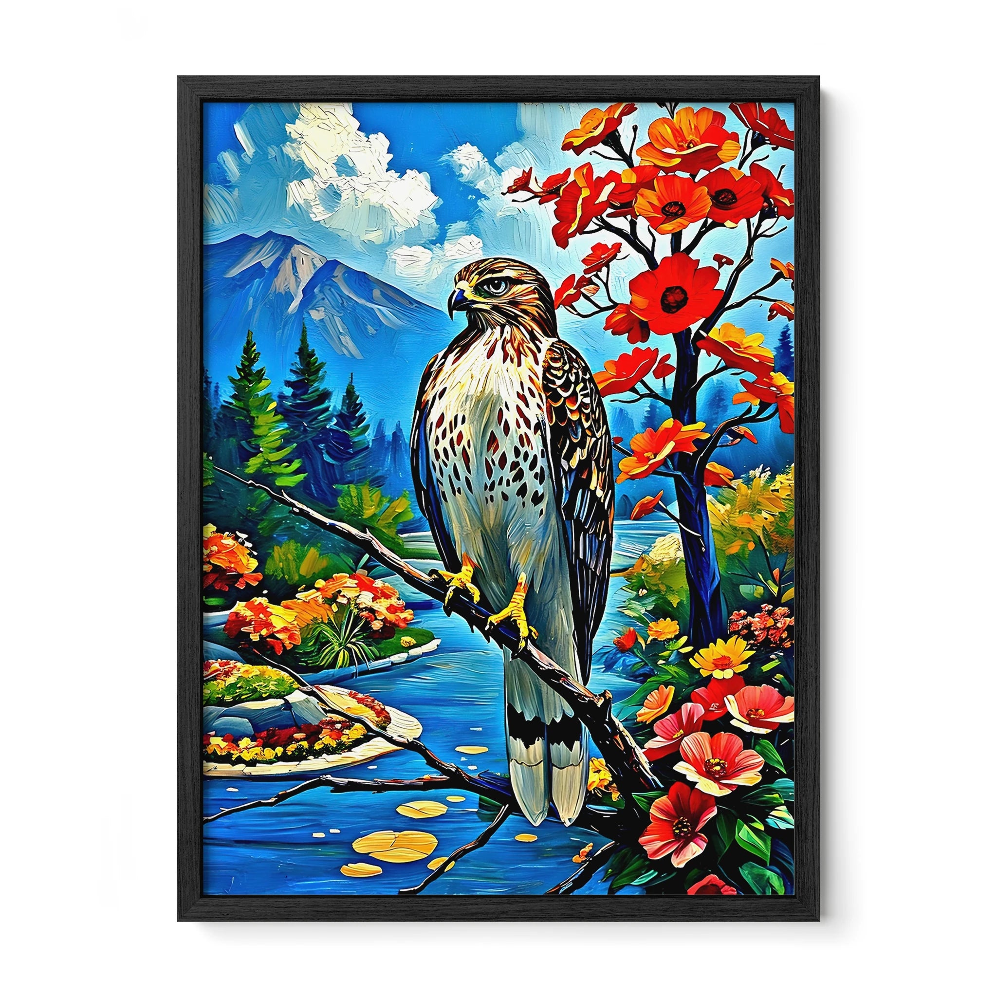 Red-Tailed Hawk-Framed Paper Print-452228 Black Premium Oak No Mats Visual Wall Art Framed Print