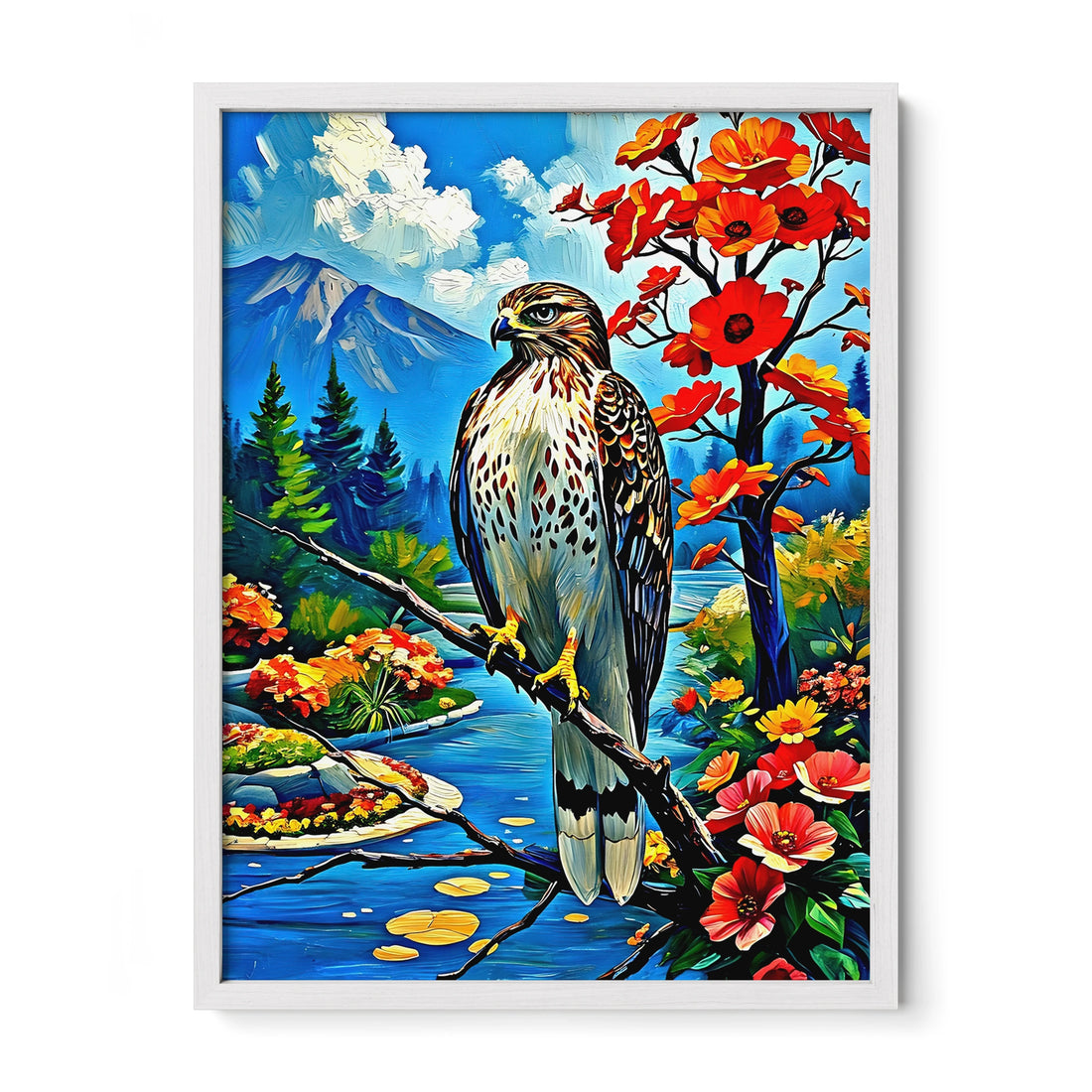 Red-Tailed Hawk-Framed Paper Print-452228 White Premium Oak No Mats Visual Wall Art Framed Print