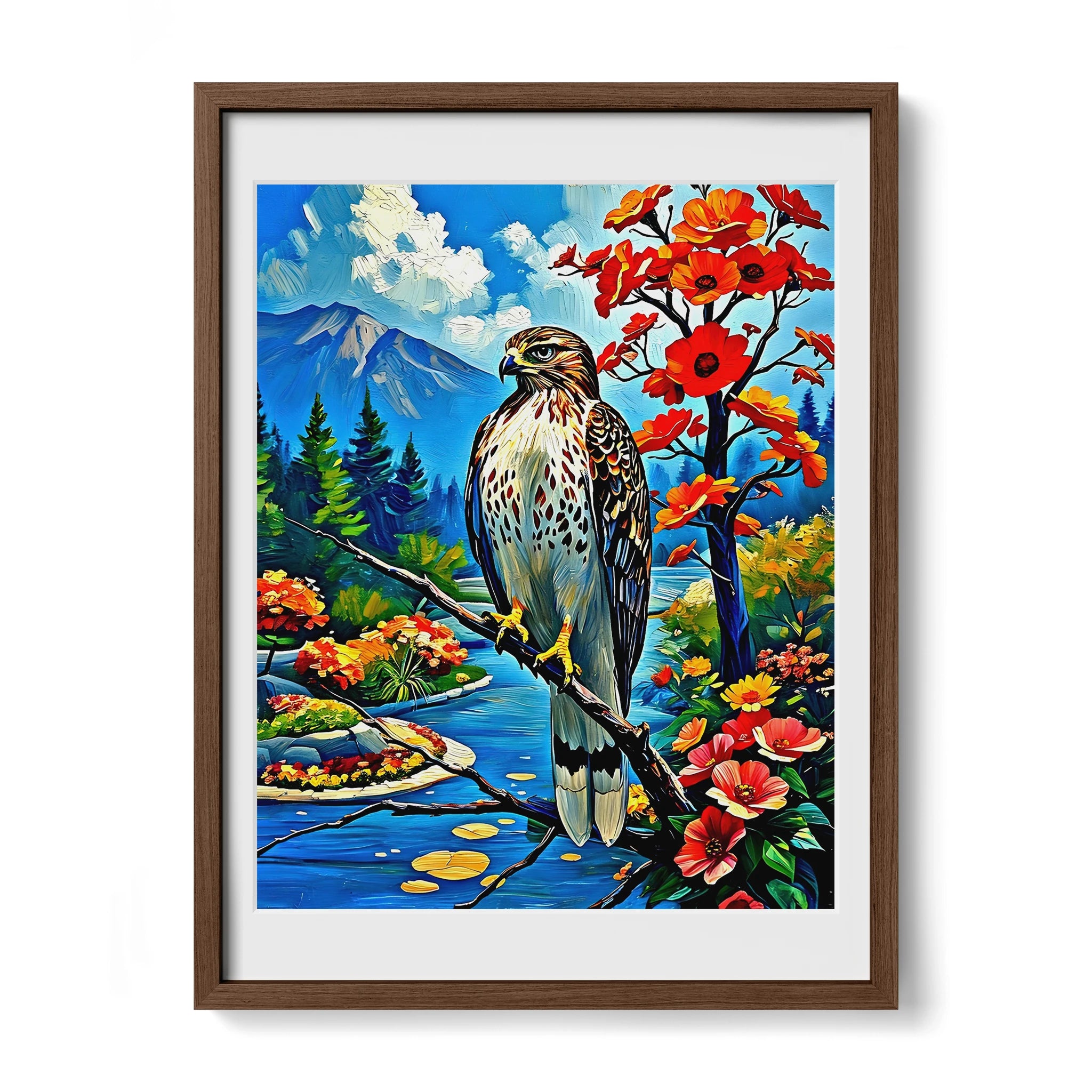 Red-Tailed Hawk-Framed Paper Print-452228 Walnut Premium Oak Mats Visual Wall Art Framed Print