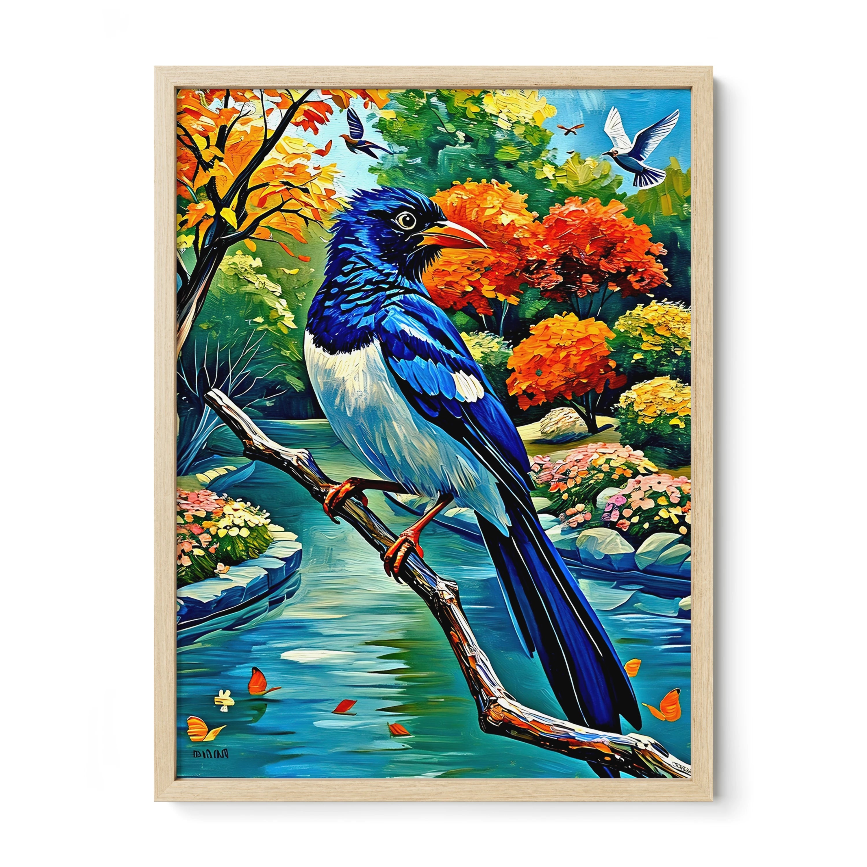 Red-billed Blue Magpie-Urocissa Erythroryncha-Framed Paper Print-452259 Natural Premium Oak No Mats Visual Wall Art Framed Print