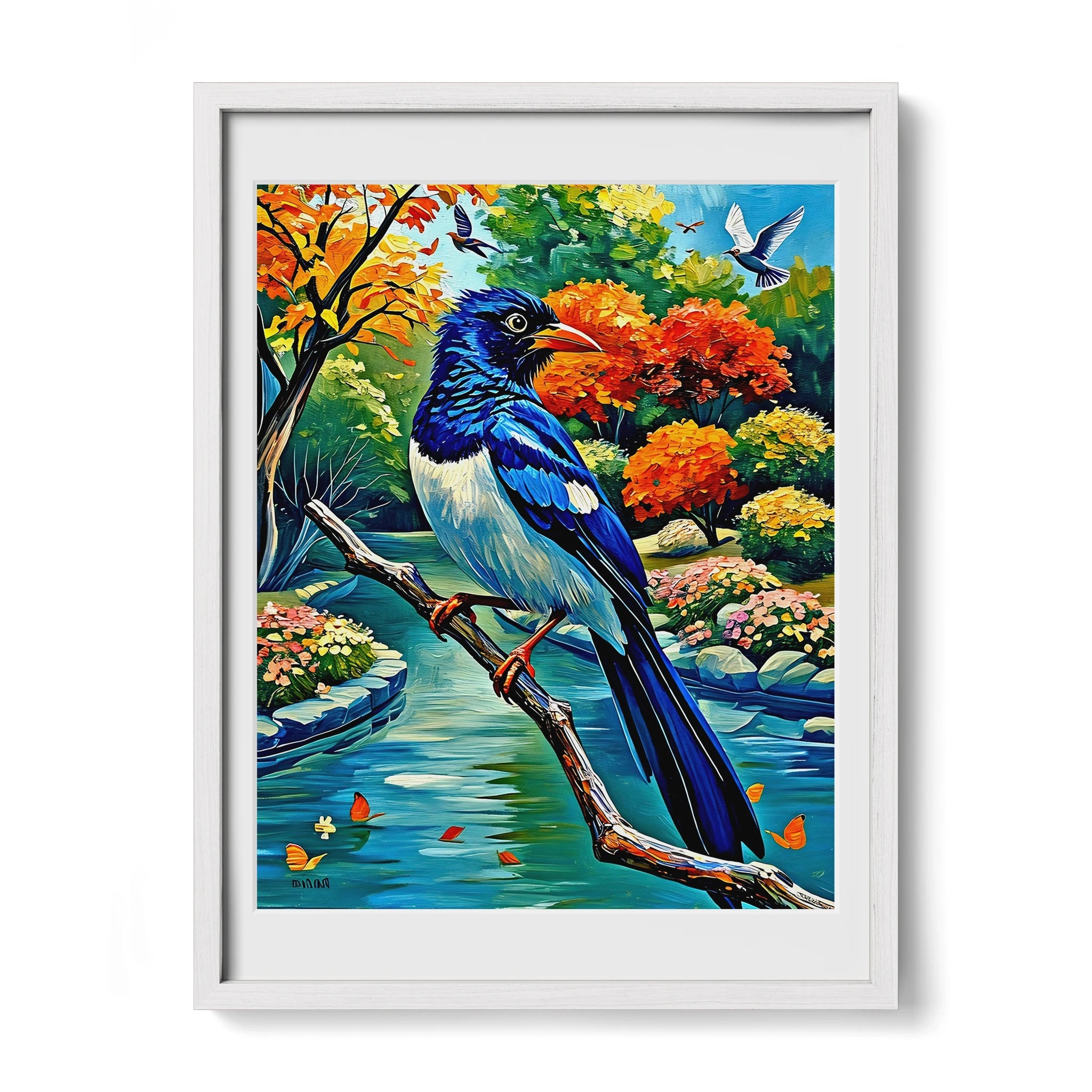 Red-billed Blue Magpie-Urocissa Erythroryncha-Framed Paper Print-452259 White Premium Oak Mats Visual Wall Art Framed Print