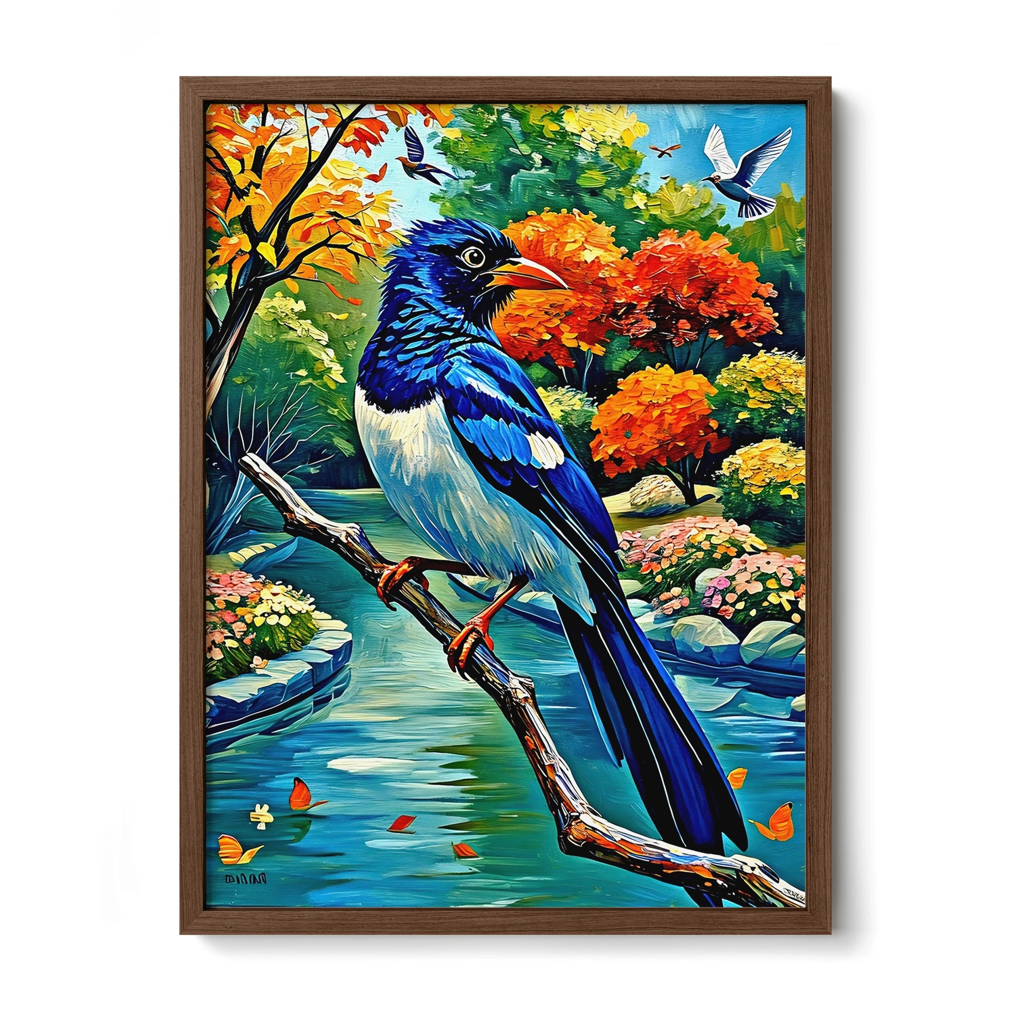 Red-billed Blue Magpie-Urocissa Erythroryncha-Framed Paper Print-452259 Walnut Premium Oak No Mats Visual Wall Art Framed Print