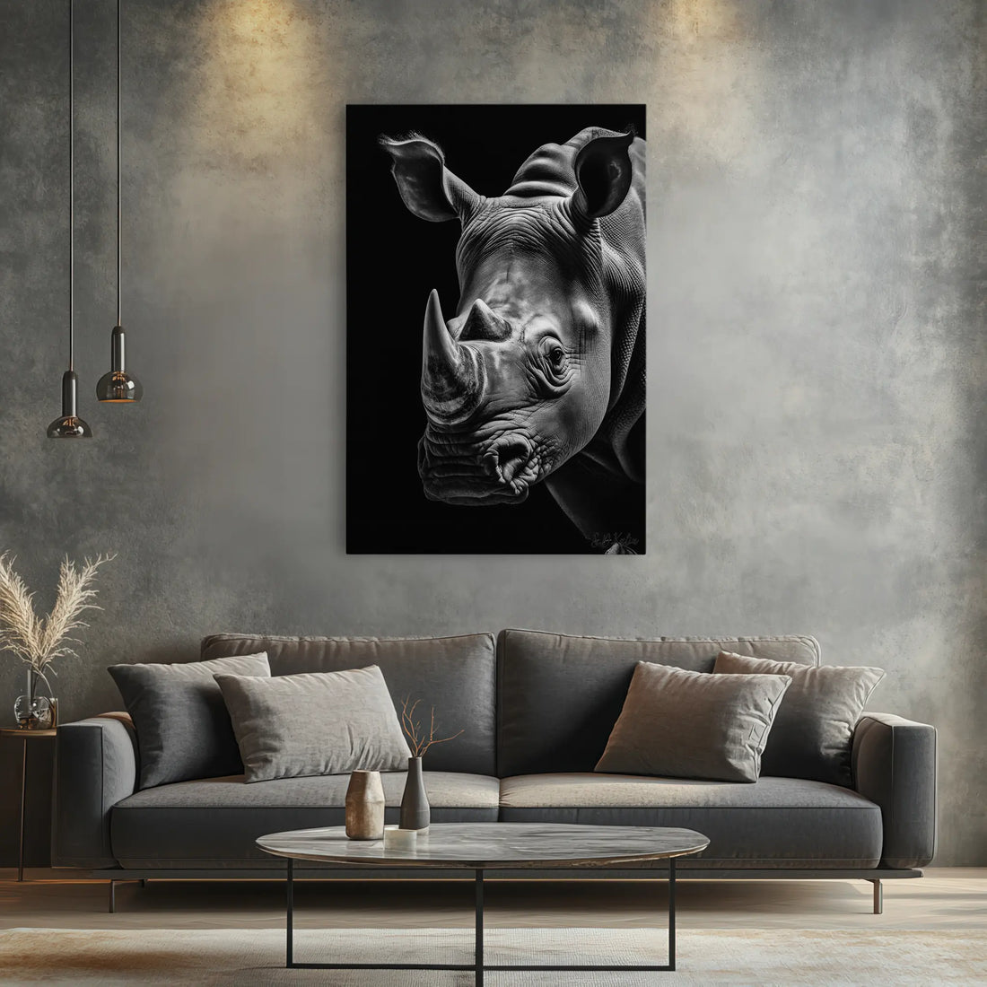 Rhino Portrait Monochrome Twin Horns Giclée Print 231043 Visual Wall Art AR2:3V Giclée Print