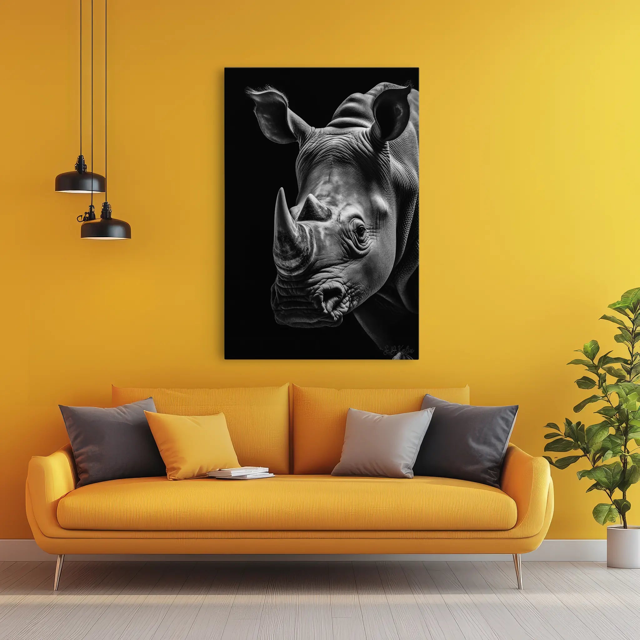 Rhino Portrait Monochrome Twin Horns Giclée Print 231043 Visual Wall Art AR2:3V Giclée Print