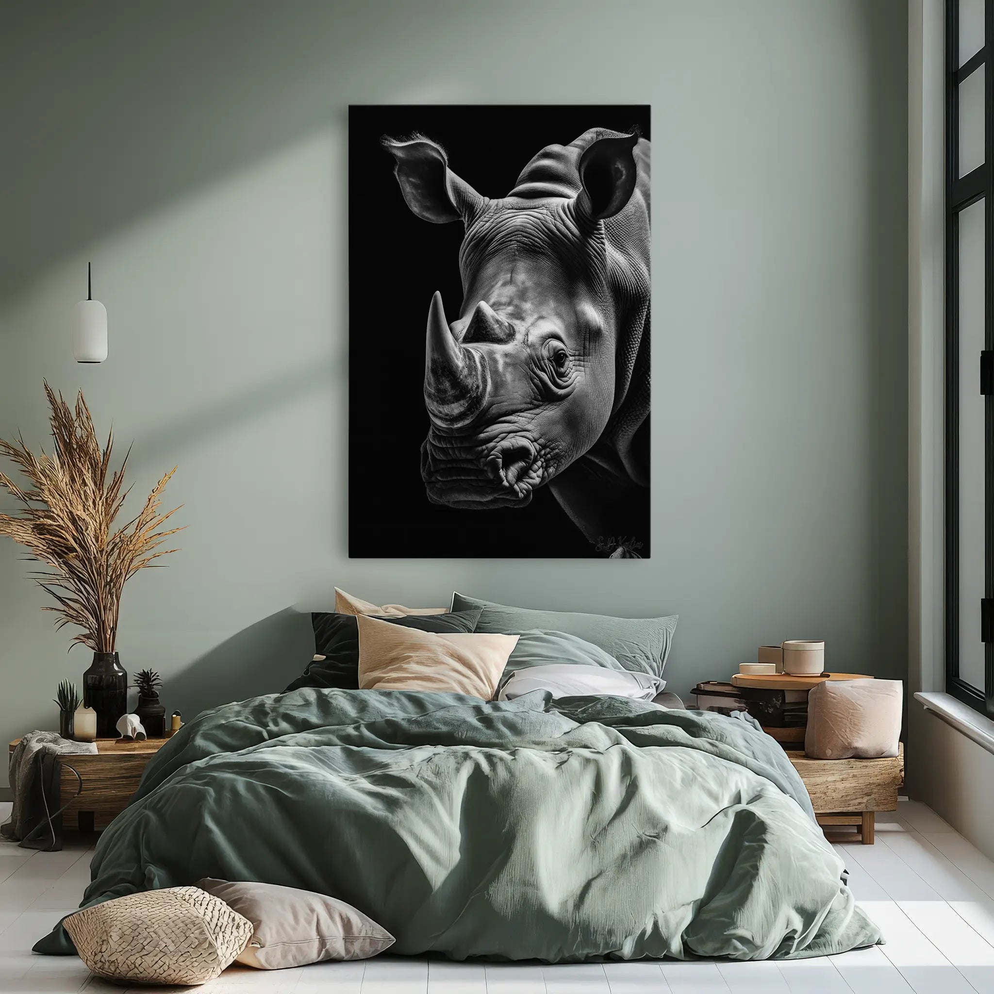 Rhino Portrait Monochrome Twin Horns Giclée Print 231043 Visual Wall Art AR2:3V Giclée Print