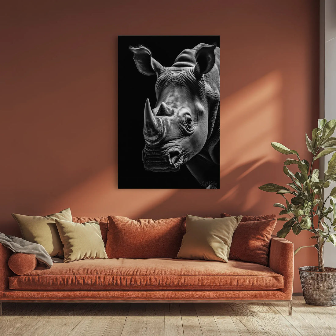 Rhino Portrait Monochrome Twin Horns Giclée Print 231043 Visual Wall Art AR2:3V Giclée Print