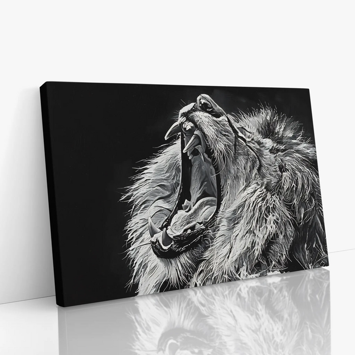 Black and white canvas print of a roaring lion with detailed fur and open mouth.