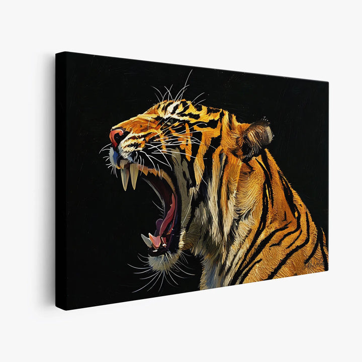 Canvas print of a roaring tiger with a black background.