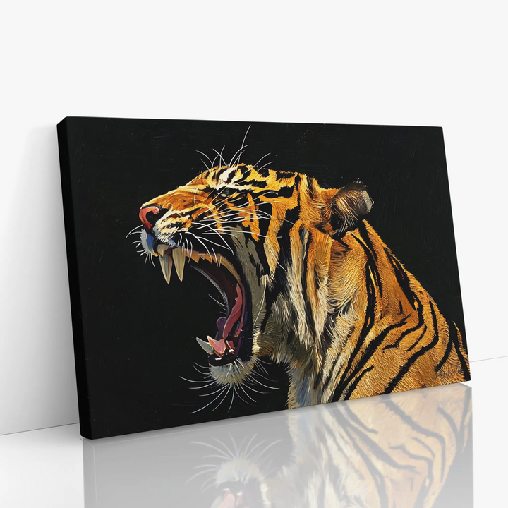 Canvas print of a roaring tiger with a black background.