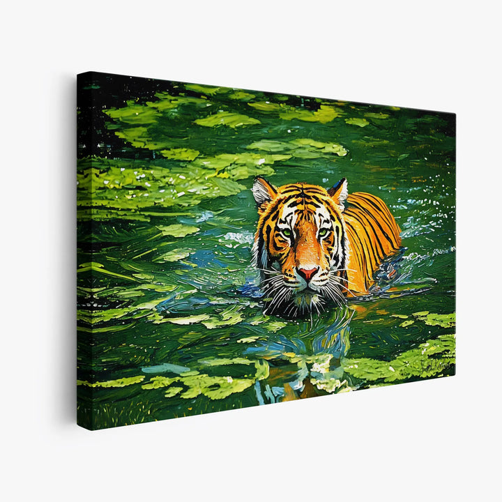 Canvas print of a tiger swimming in a pond with green lily pads.