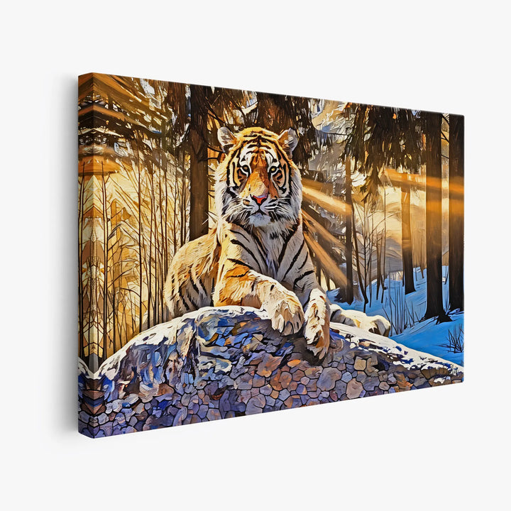 Canvas print of a tiger resting on a rock in a sunlit forest.