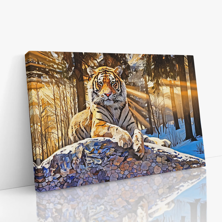 Canvas print of a tiger resting on a rock in a sunlit forest.