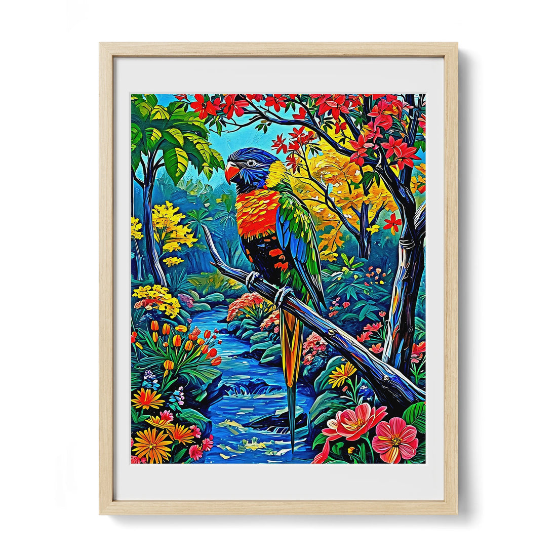 Trichoglossus Moluccanus-Rainbow Lorikeet-Framed Paper Print-452261 Natural Premium Oak Mats Visual Wall Art Framed Print