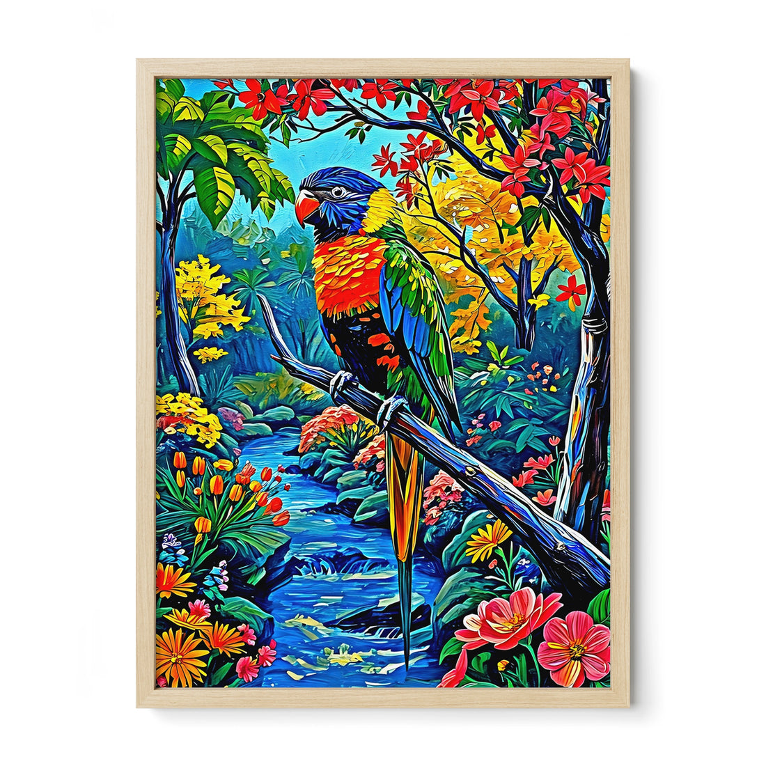 Trichoglossus Moluccanus-Rainbow Lorikeet-Framed Paper Print-452261 Natural Premium Oak No Mats Visual Wall Art Framed Print