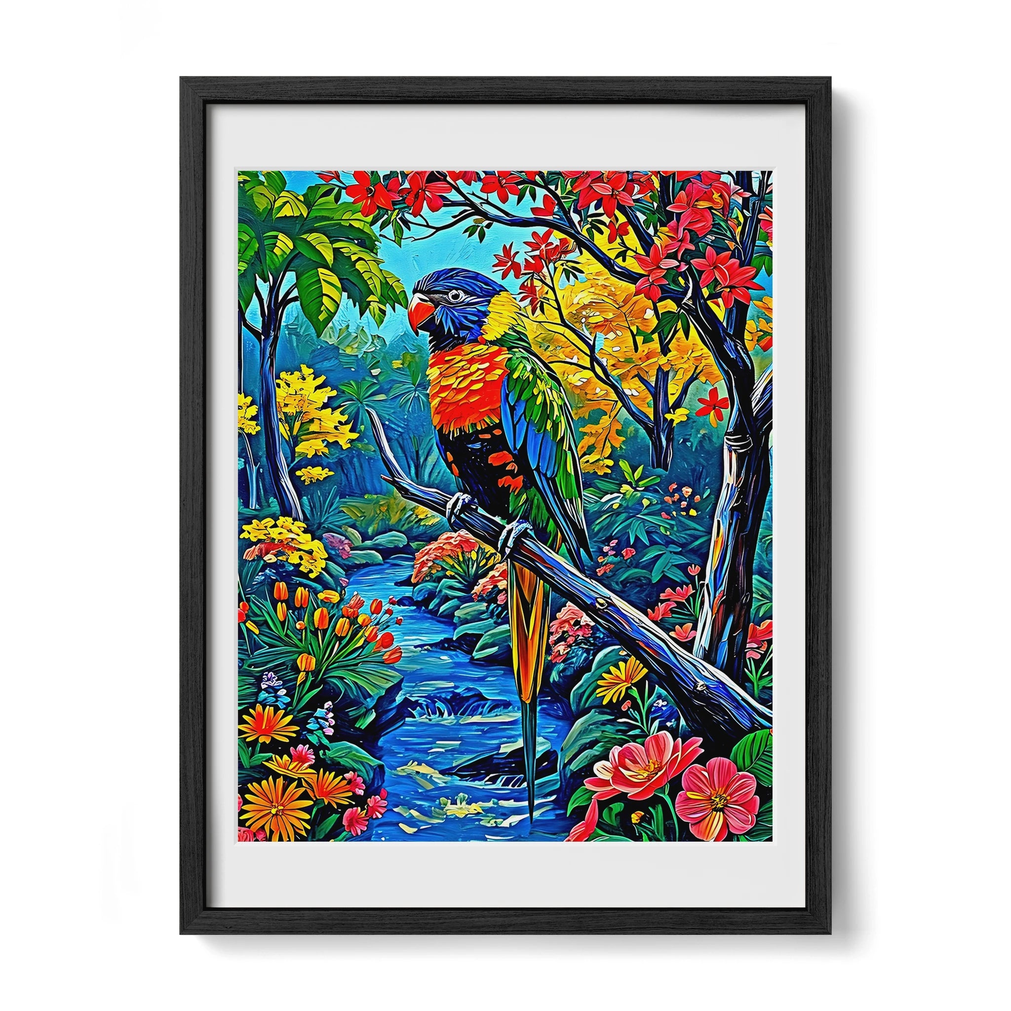 Trichoglossus Moluccanus-Rainbow Lorikeet-Framed Paper Print-452261 Black Premium Oak Mats Visual Wall Art Framed Print