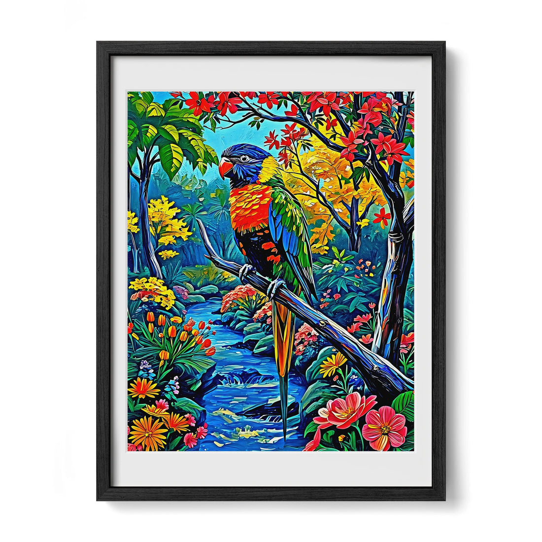 Trichoglossus Moluccanus-Rainbow Lorikeet-Framed Paper Print-452261 Black Premium Oak Mats Visual Wall Art Framed Print