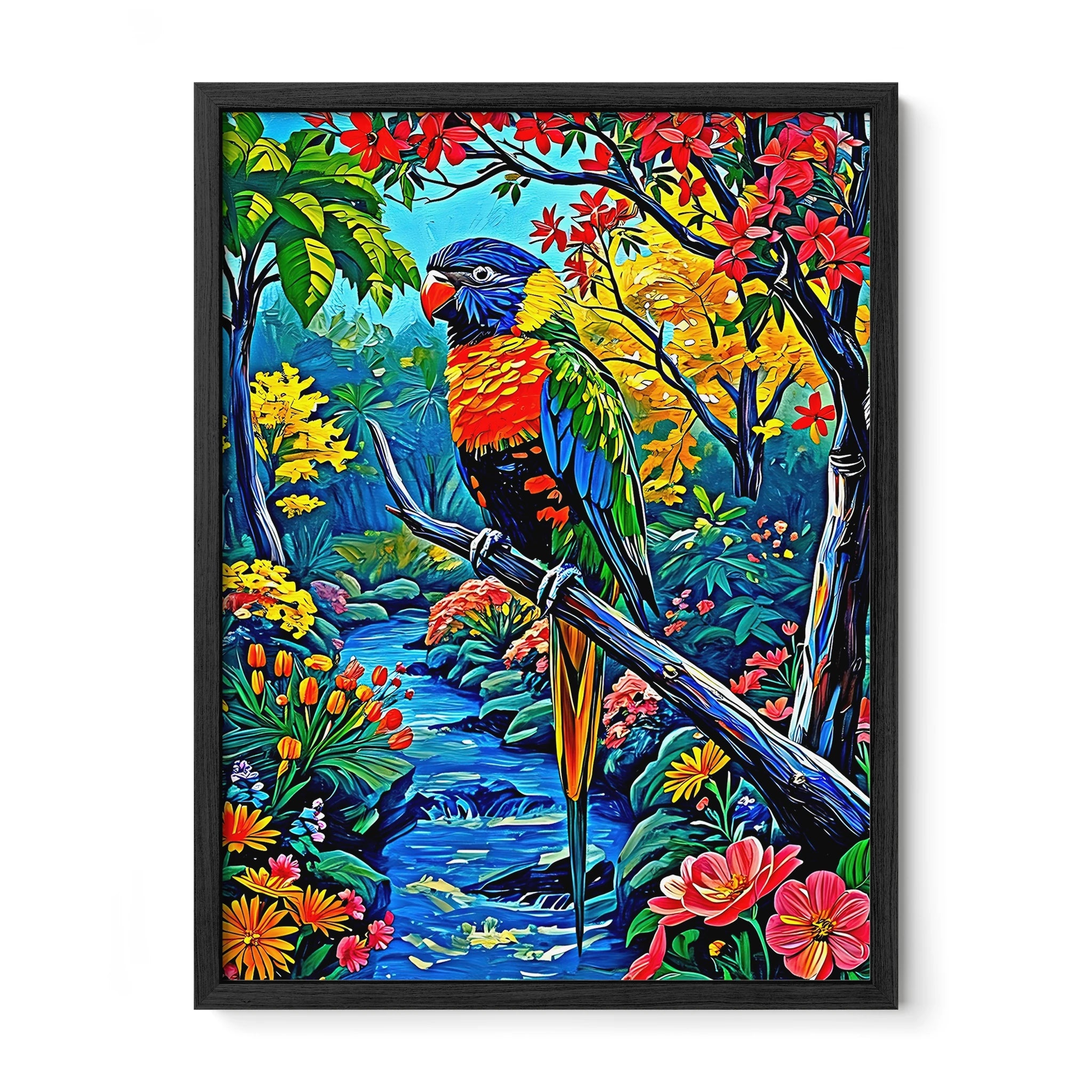 Trichoglossus Moluccanus-Rainbow Lorikeet-Framed Paper Print-452261 Black Premium Oak No Mats Visual Wall Art Framed Print