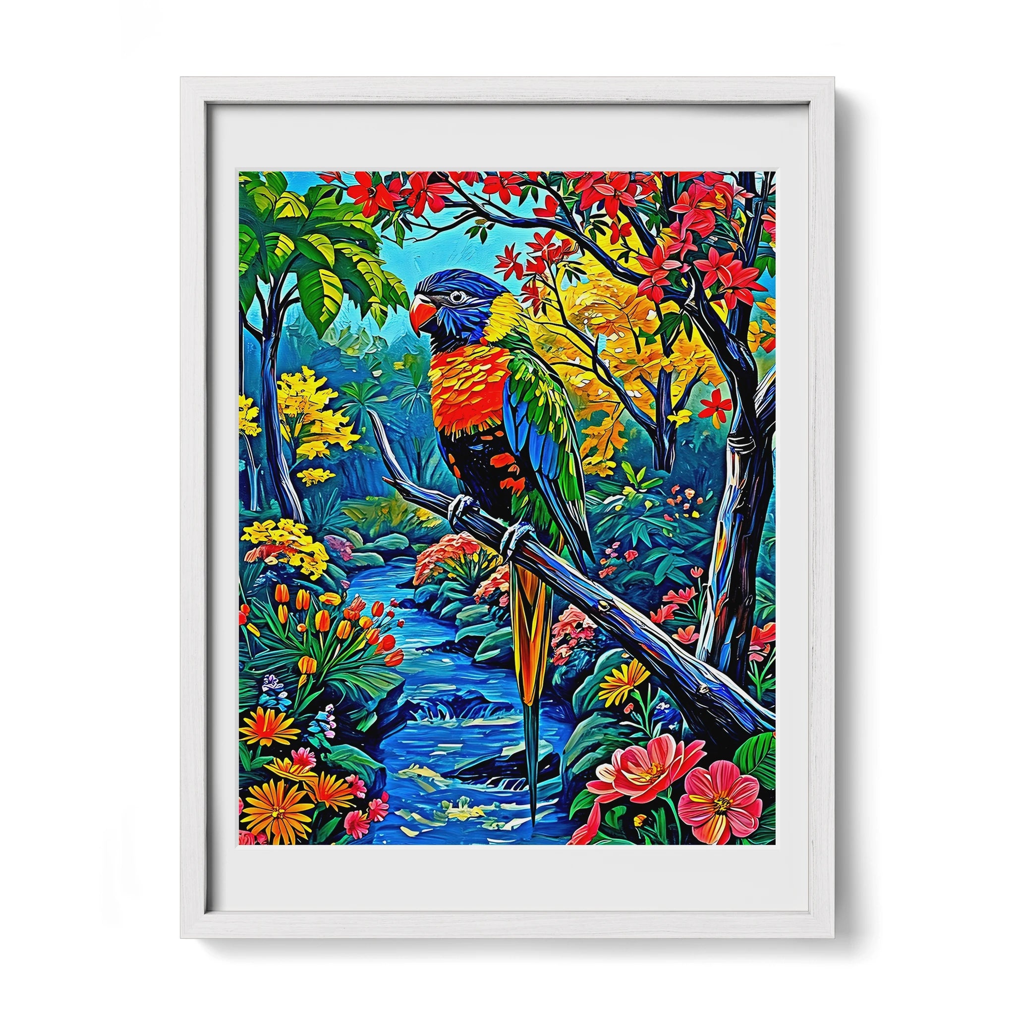 Trichoglossus Moluccanus-Rainbow Lorikeet-Framed Paper Print-452261 White Premium Oak Mats Visual Wall Art Framed Print