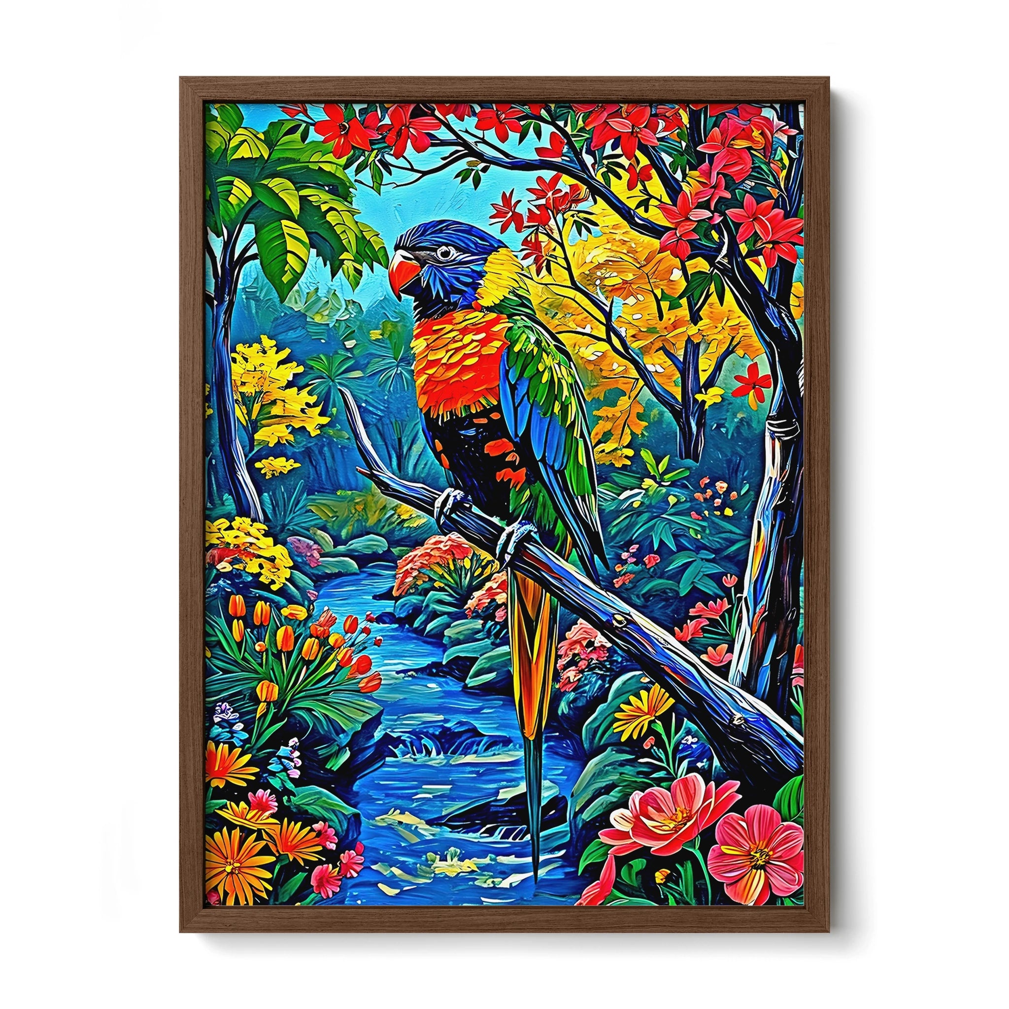 Trichoglossus Moluccanus-Rainbow Lorikeet-Framed Paper Print-452261 Walnut Premium Oak No Mats Visual Wall Art Framed Print