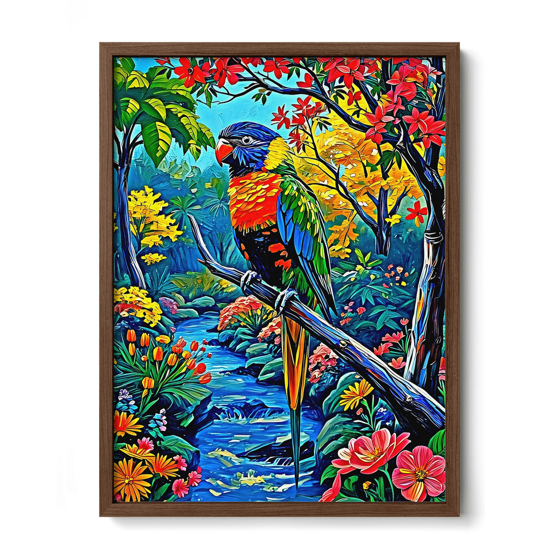 Trichoglossus Moluccanus-Rainbow Lorikeet-Framed Paper Print-452261 Walnut Premium Oak No Mats Visual Wall Art Framed Print