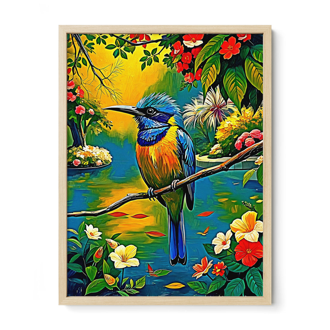 Turquoise Browed Motmot Eumomota Su-Framed Paper Print-452230 Natural Premium Oak No Mats Visual Wall Art Framed Print