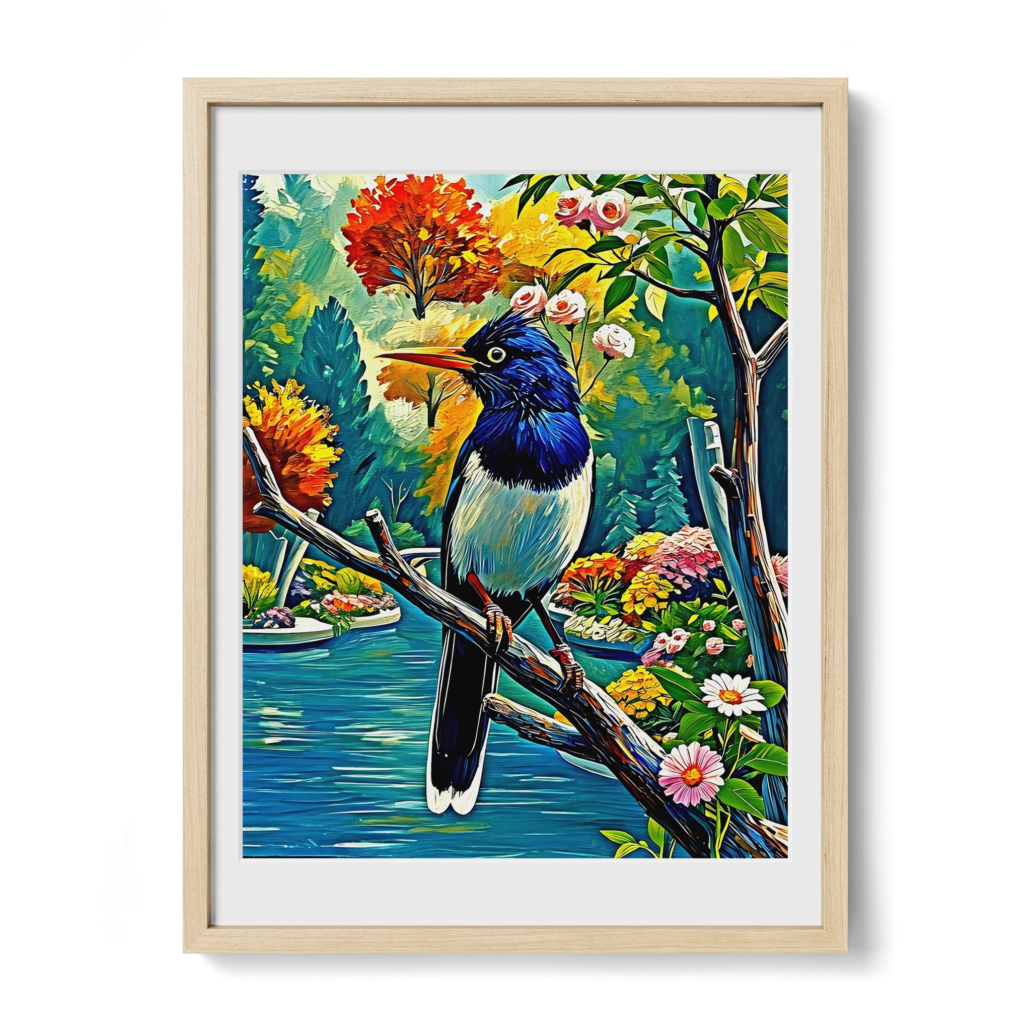 Urocissa erythroryncha-Red-billed Blue Magpie-Framed Paper Print-452262 Natural Premium Oak Mats Visual Wall Art Framed Print