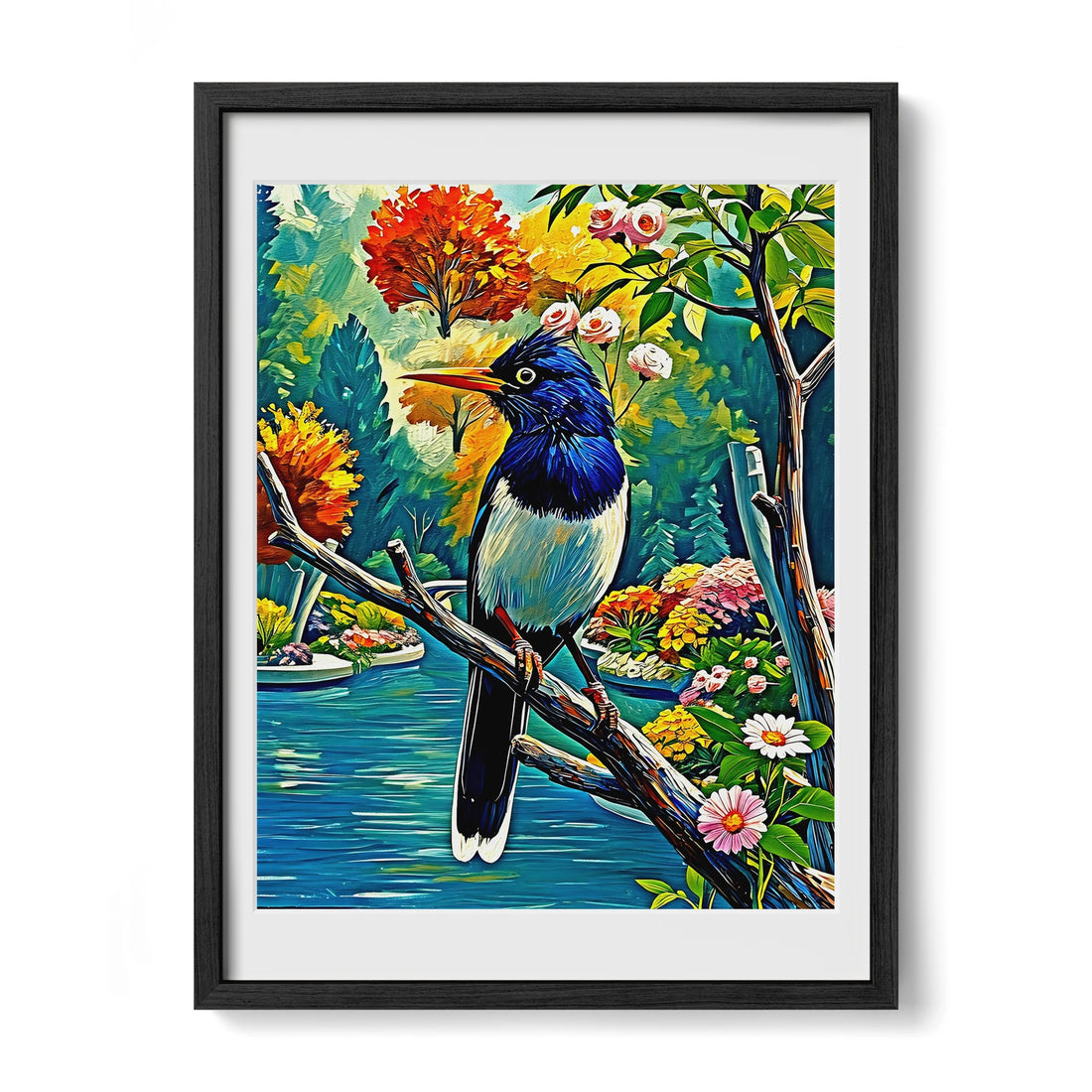 Urocissa erythroryncha-Red-billed Blue Magpie-Framed Paper Print-452262 Black Premium Oak Mats Visual Wall Art Framed Print