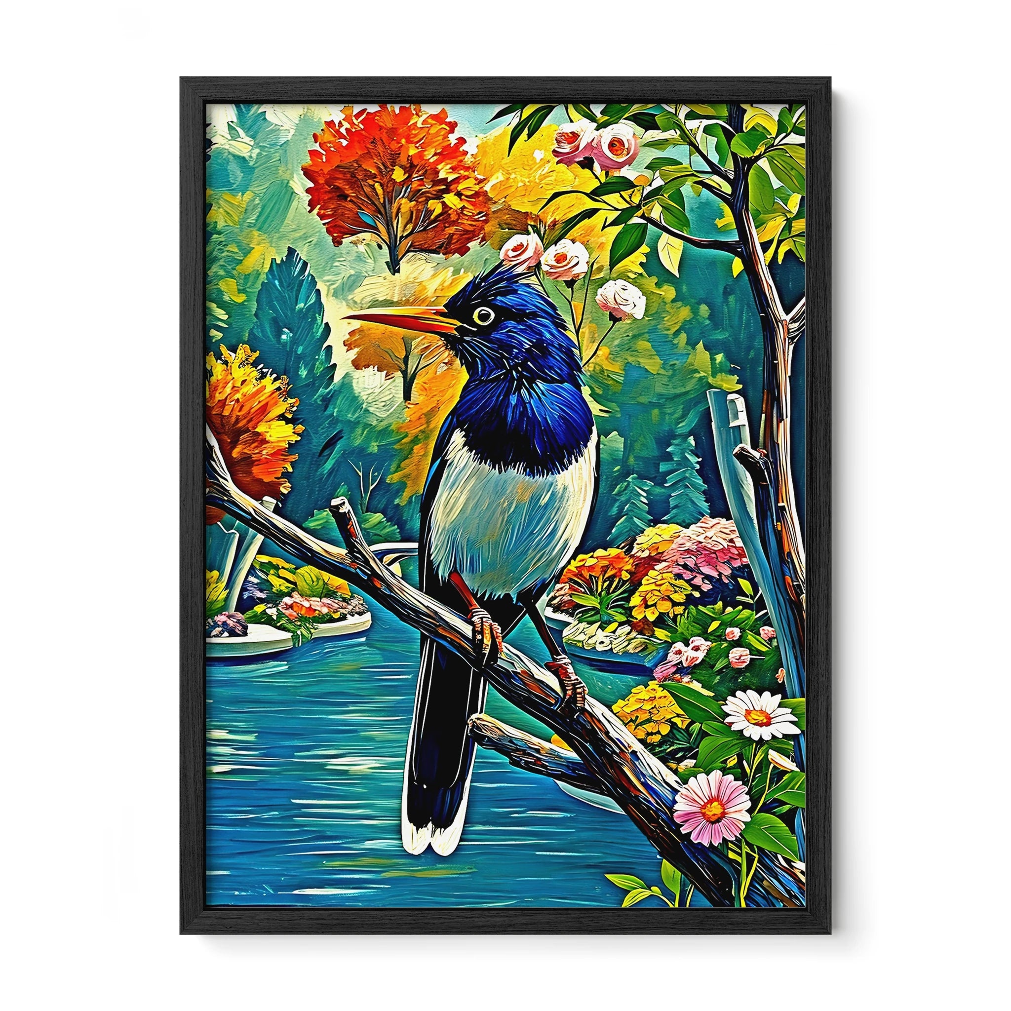 Urocissa erythroryncha-Red-billed Blue Magpie-Framed Paper Print-452262 Black Premium Oak No Mats Visual Wall Art Framed Print