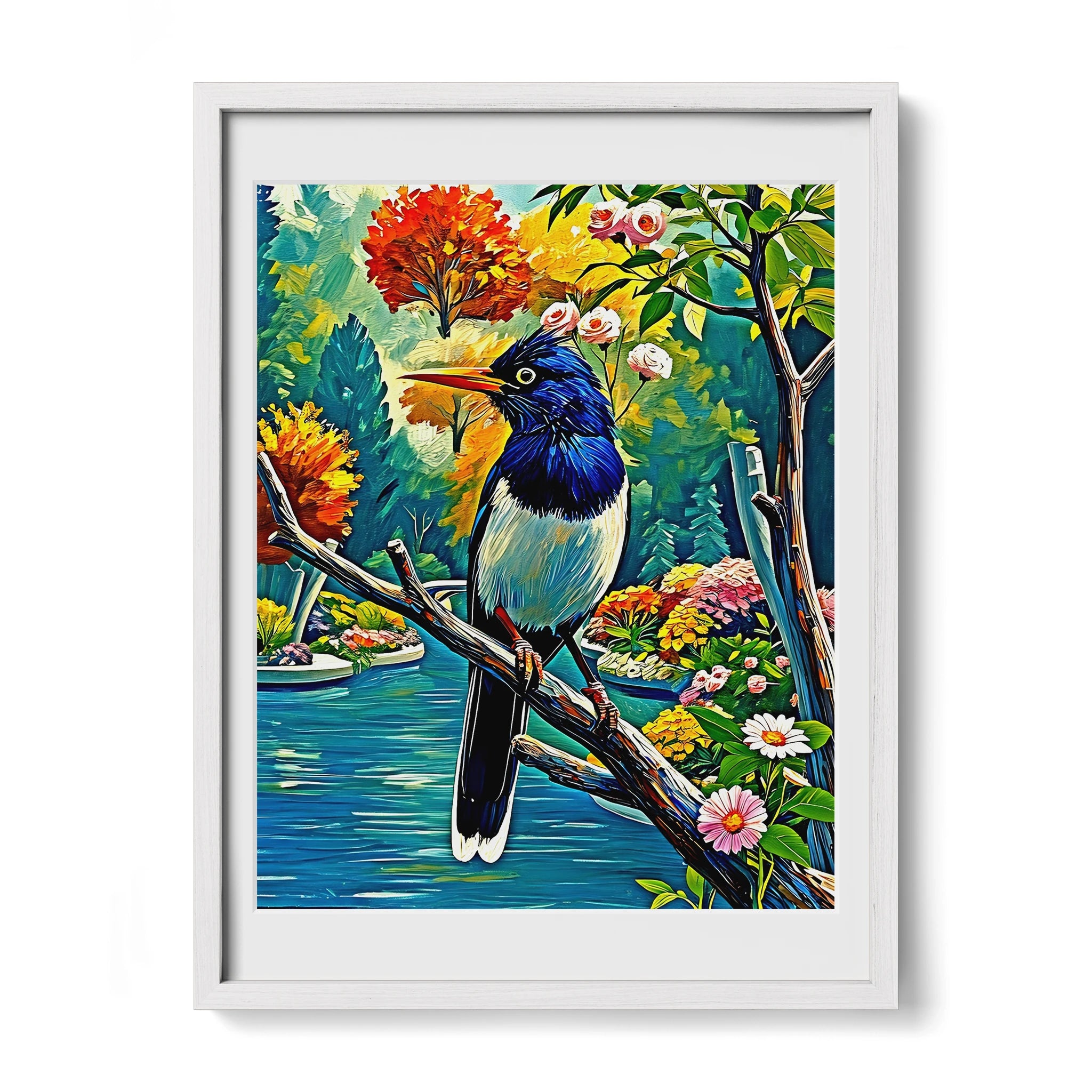 Urocissa erythroryncha-Red-billed Blue Magpie-Framed Paper Print-452262 White Premium Oak Mats Visual Wall Art Framed Print
