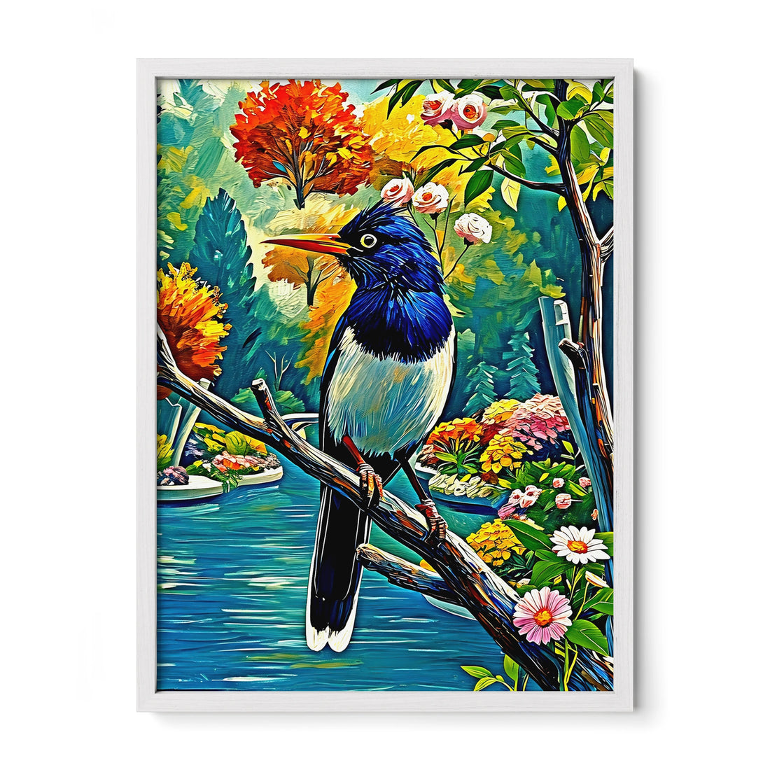 Urocissa erythroryncha-Red-billed Blue Magpie-Framed Paper Print-452262 White Premium Oak No Mats Visual Wall Art Framed Print