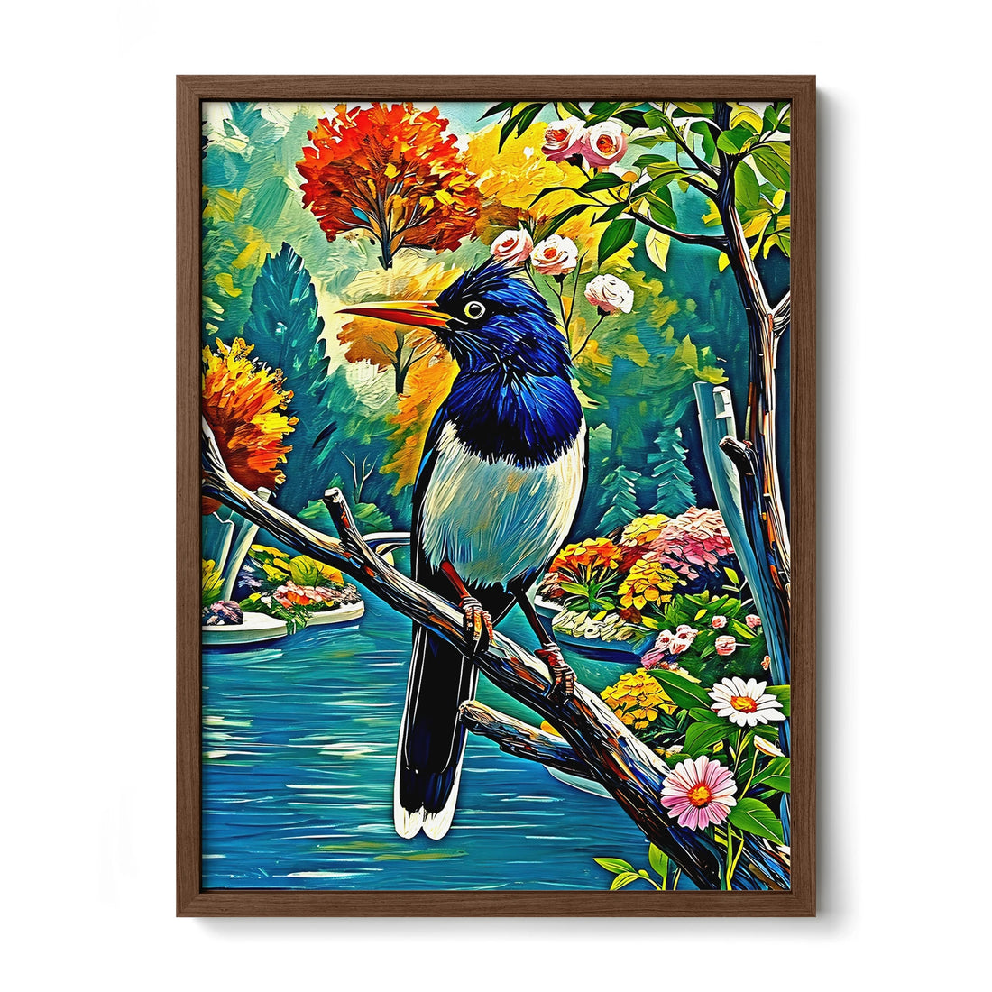 Urocissa erythroryncha-Red-billed Blue Magpie-Framed Paper Print-452262 Walnut Premium Oak No Mats Visual Wall Art Framed Print