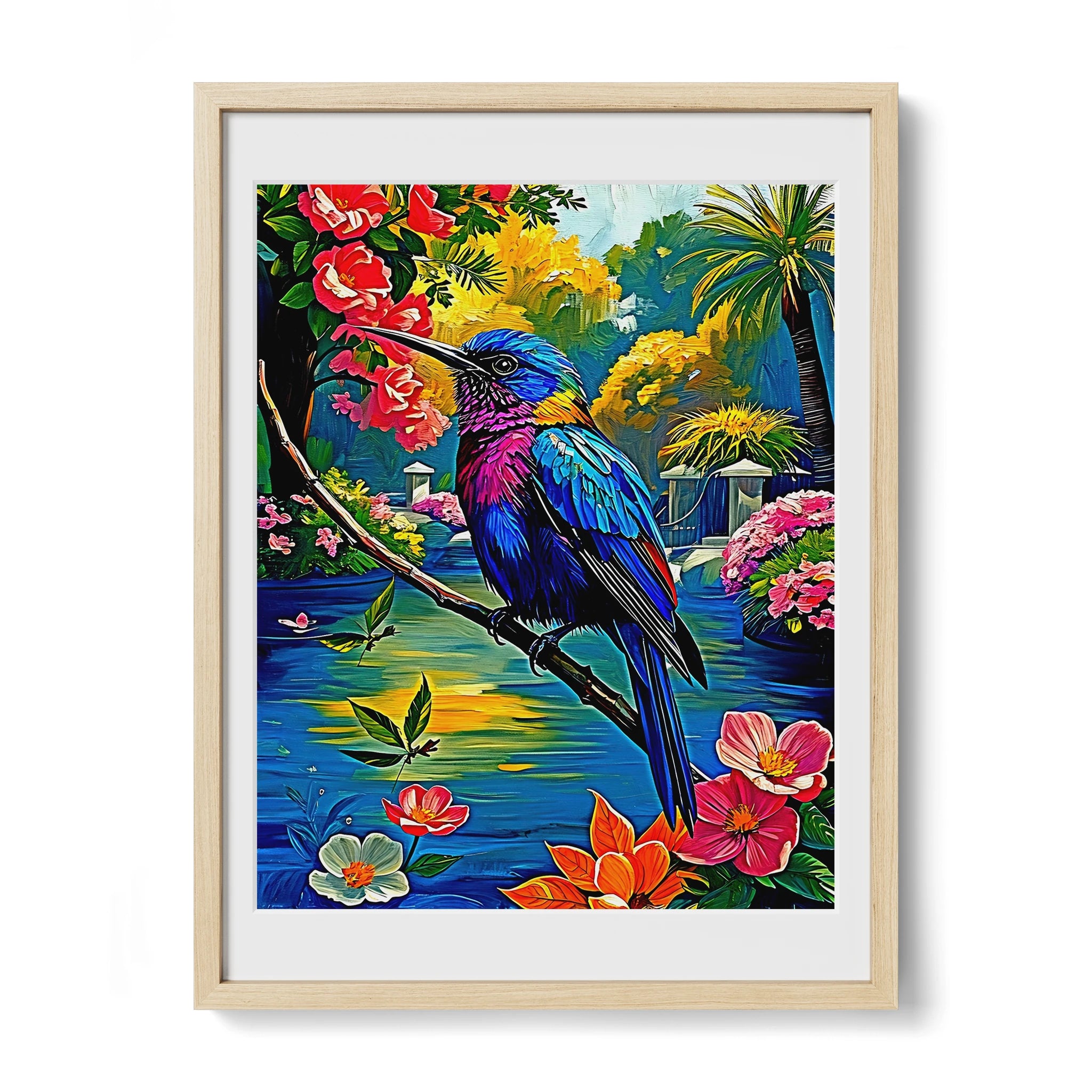 Violet Sabrewing Campylopterus Hemile-Framed Paper Print-452200 Natural Premium Oak Mats Visual Wall Art Framed Print