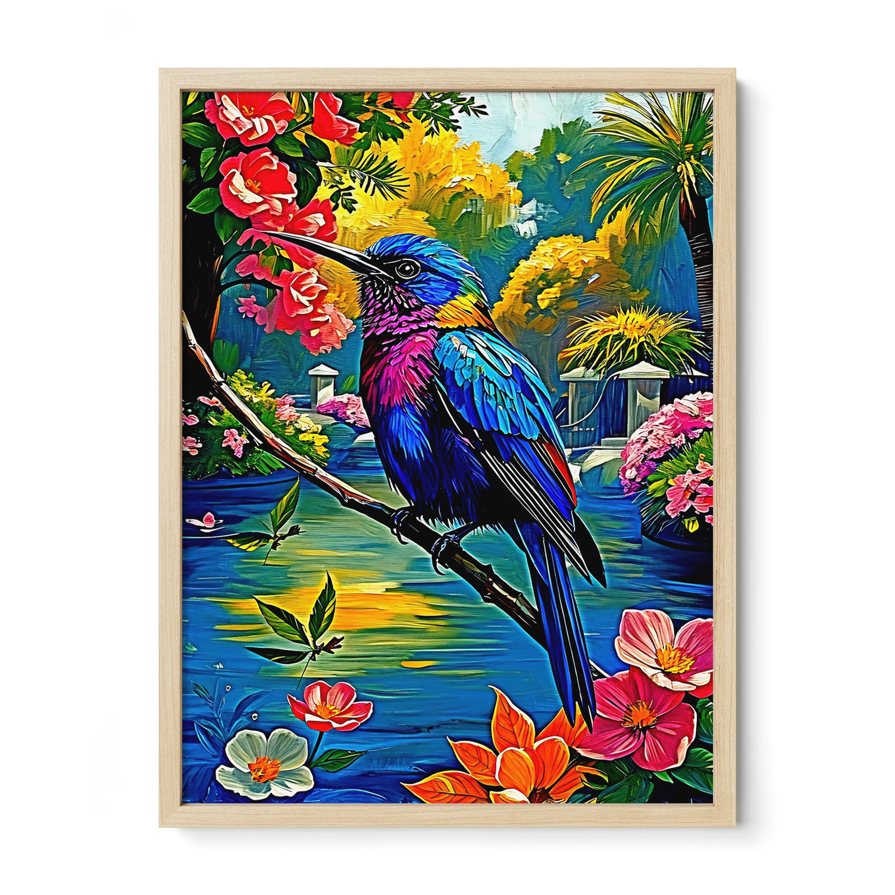 Violet Sabrewing Campylopterus Hemile-Framed Paper Print-452200 Natural Premium Oak No Mats Visual Wall Art Framed Print