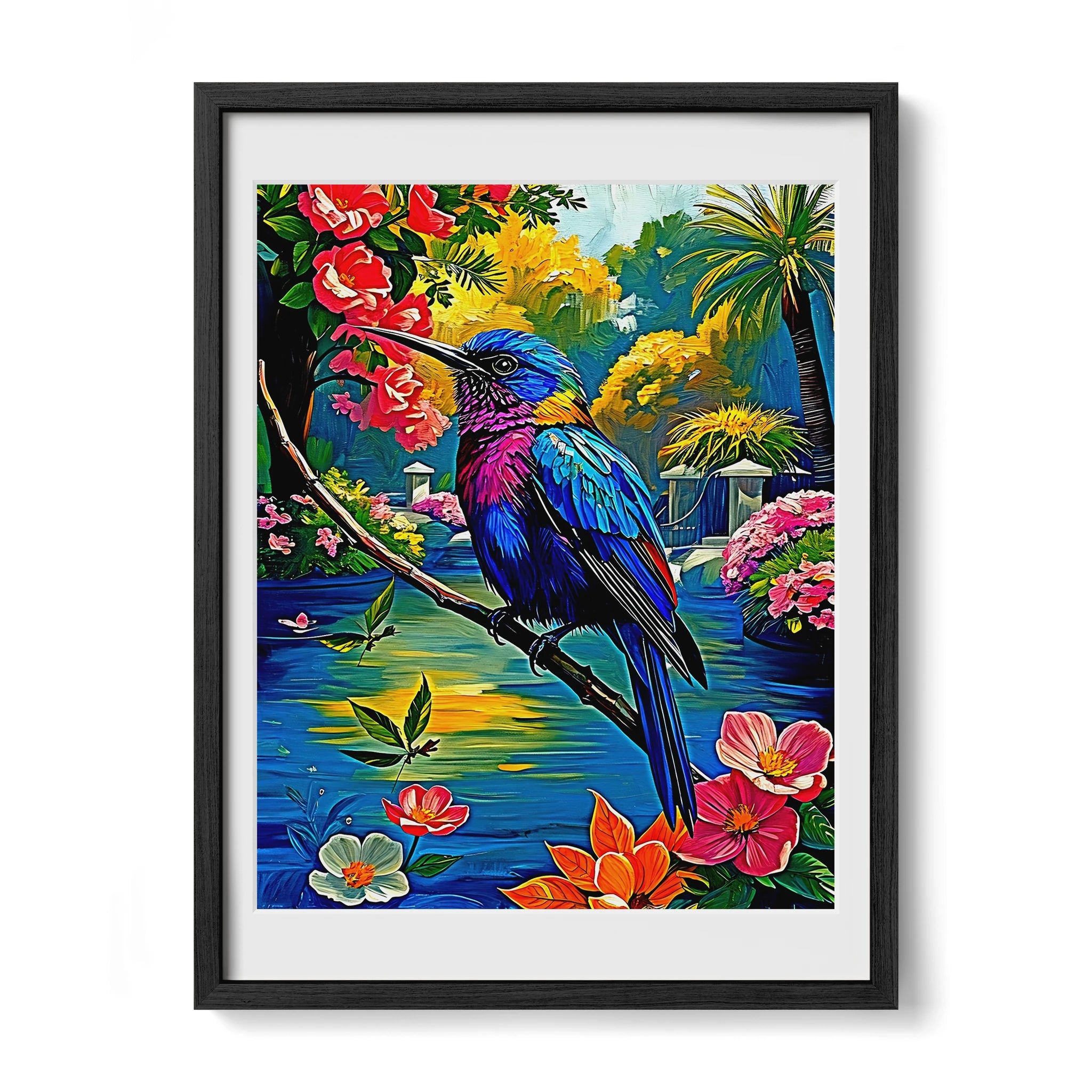 Violet Sabrewing Campylopterus Hemile-Framed Paper Print-452200 Black Premium Oak Mats Visual Wall Art Framed Print