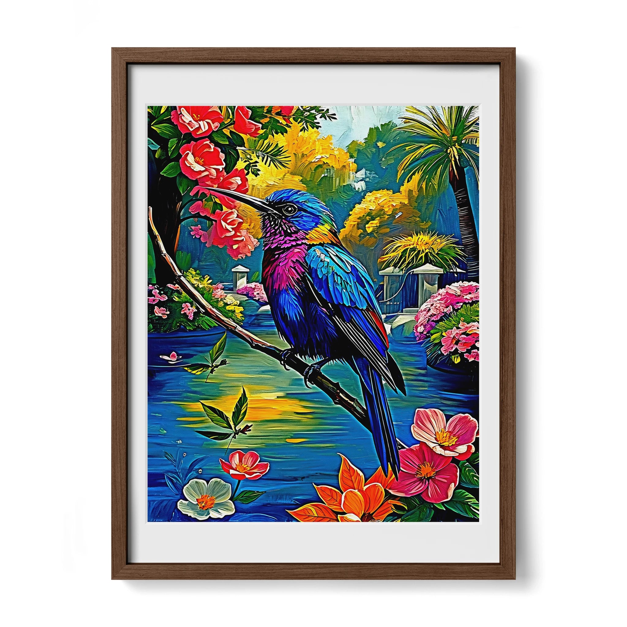Violet Sabrewing Campylopterus Hemile-Framed Paper Print-452200 Walnut Premium Oak Mats Visual Wall Art Framed Print