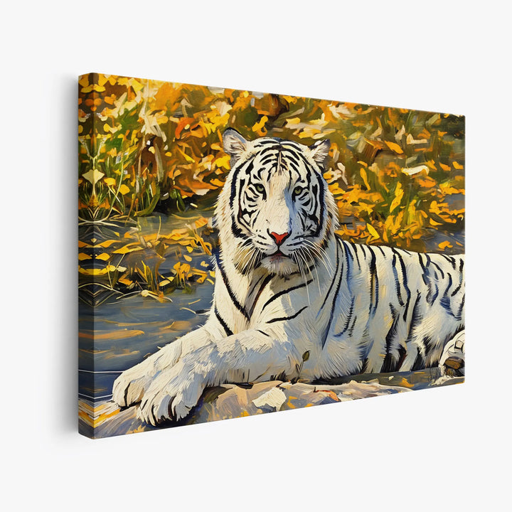 Canvas print of a white tiger lying in a vibrant autumn setting with yellow foliage.
