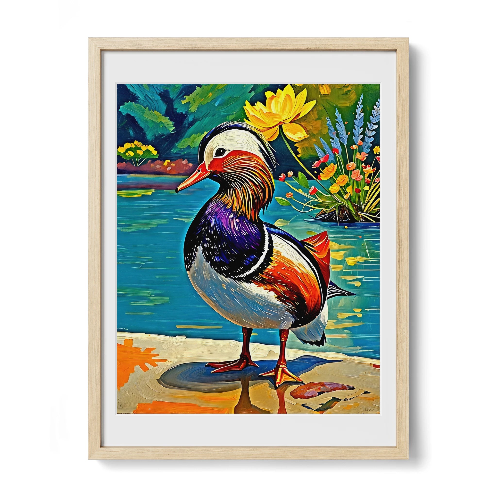Yuanyang Mandarin Duck Aix Galericulata-Framed Paper Print-452202 Natural Premium Oak Mats Visual Wall Art Framed Print