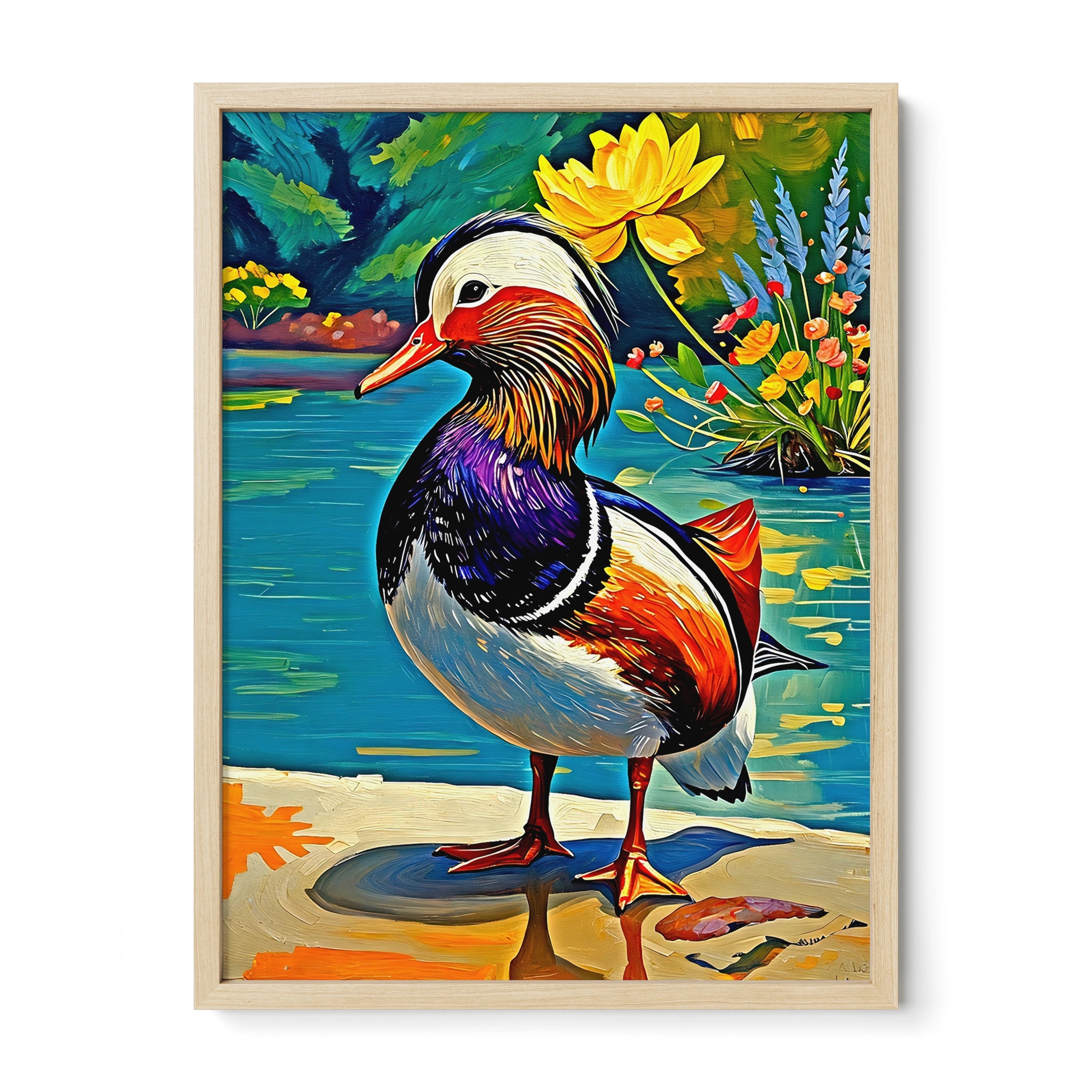 Yuanyang Mandarin Duck Aix Galericulata-Framed Paper Print-452202 Natural Premium Oak No Mats Visual Wall Art Framed Print