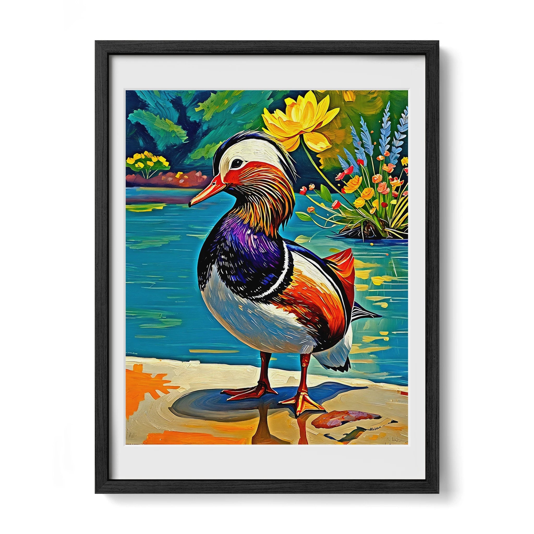 Yuanyang Mandarin Duck Aix Galericulata-Framed Paper Print-452202 Black Premium Oak Mats Visual Wall Art Framed Print