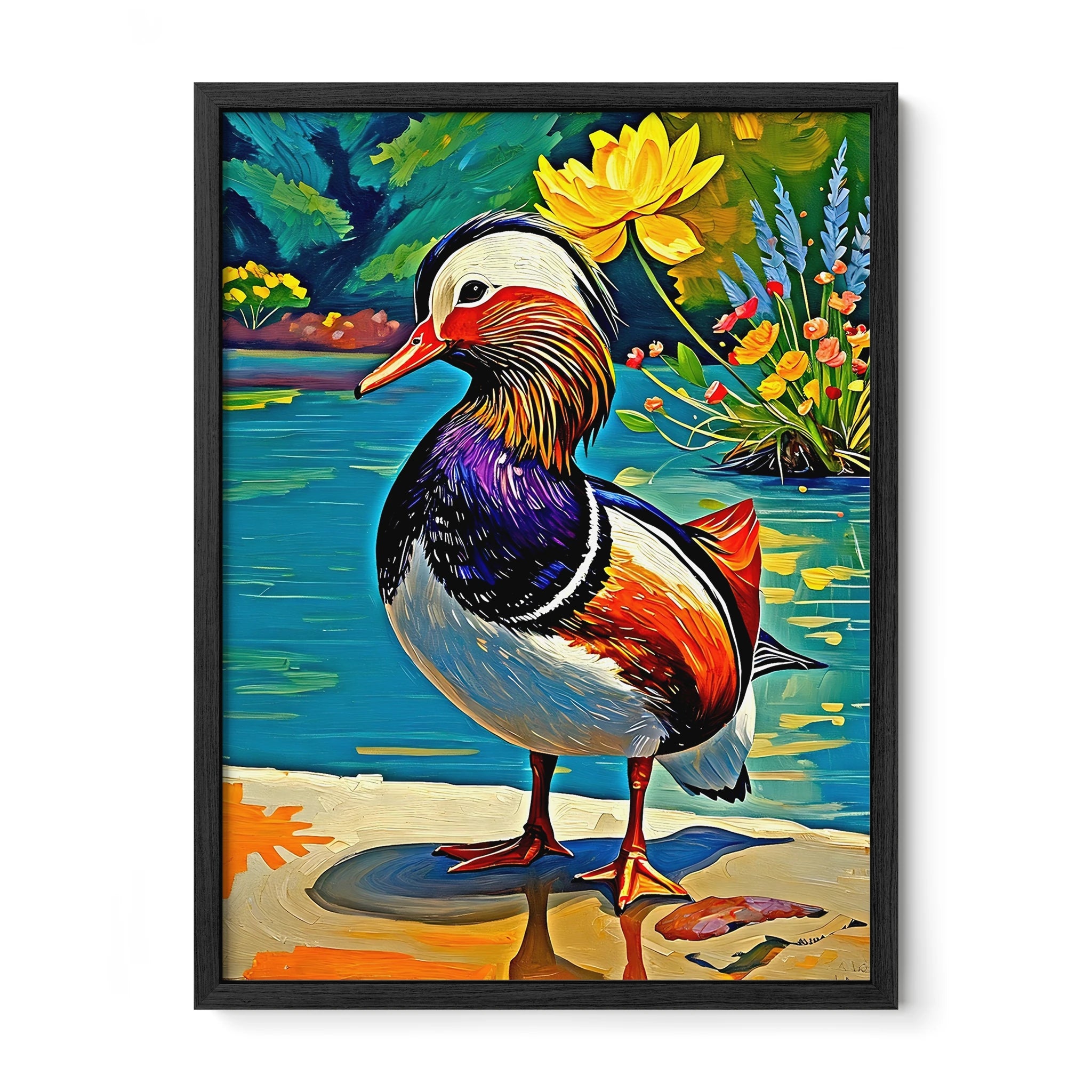 Yuanyang Mandarin Duck Aix Galericulata-Framed Paper Print-452202 Black Premium Oak No Mats Visual Wall Art Framed Print